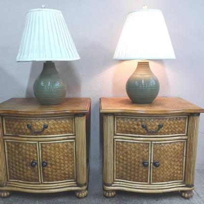 Pair of Braxton Culler Tropical-Style Nightstands with Matching Lamps