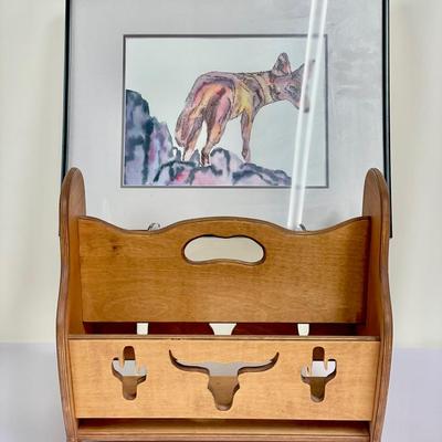 Southwest Style Longhorn Wooden Magazine Rack And Watercolor Coyote Artwork 