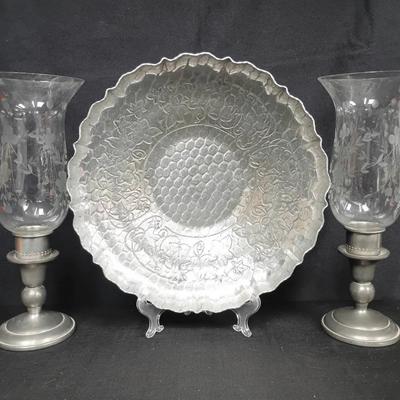 Revere Pewter Hurricane Candle Holders w/Etched Glass & Hammered / Embossed Dish