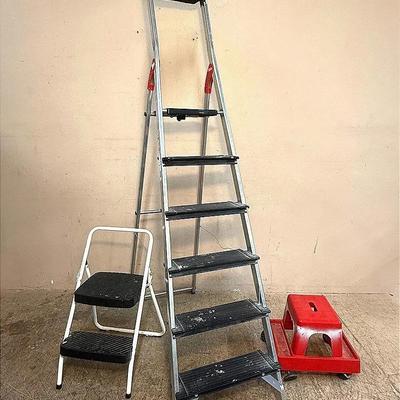 Lot of 3 Step Ladders & Stools – Hailo L100 Pro 6-Step Aluminum Ladder, Cosco 2-Step Folding Stool, 