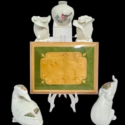 Lenox China Figurines, Candle Holders And Wooden Music Jewelry Box