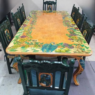 Mexican Hand-Painted 8-Piece Tropical Dinette Set with Tropical Parrot& Monkey Motif