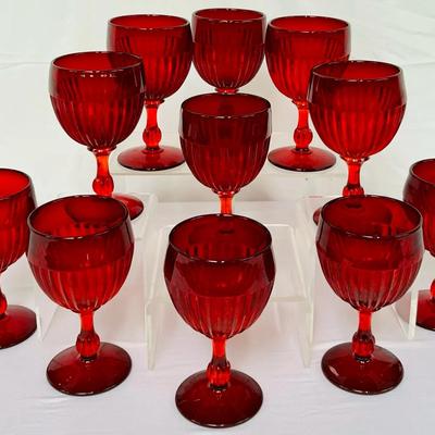 11 Vintage Ruby Red Wine Goblets w/Ribbed Design