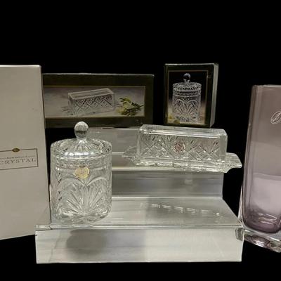 NIB Crystal Vase, Butter Dish, Biscuit Jar
