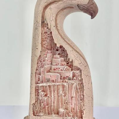 Handcrafted Eagle With A Pueblo Village Carving (21”)