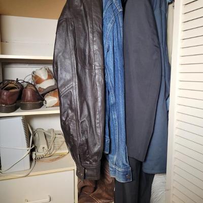 Sale Photo Thumbnail #29: Men's closet with leather and other vintage choices.