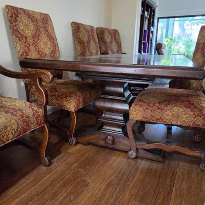 12 Ft 4 In X 3 Ft 7 In Dining Room Wooden Table w/ 6 Plush chairs~~Without 2 leaves: Table is 9Ft long