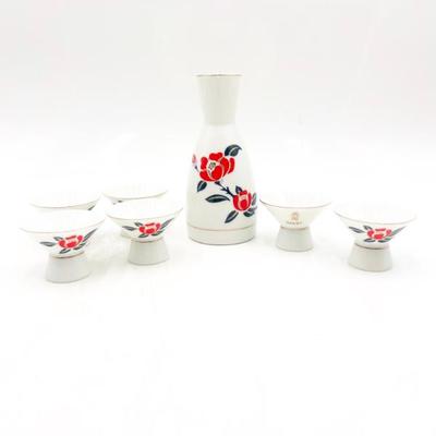 Sale Photo Thumbnail #205: Vintage Ozeki Red Camellia Porcelain Sake Set – 7 Pieces