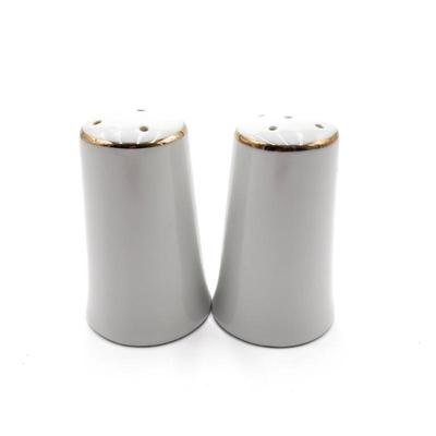 Sale Photo Thumbnail #59: White Ceramic Salt and Pepper Shakers with Gilded Rims