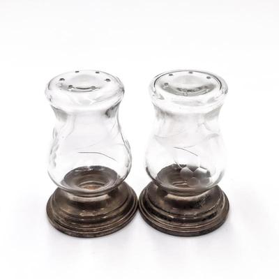 Sale Photo Thumbnail #65: Etched Glass Salt and Pepper Shakers with Silver-Plate Bases