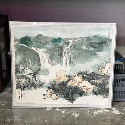 Sale Photo Thumbnail #11: Signed PP Lithograph by Zhang Daqian – Mountain Monastery by the Waterfall 1974