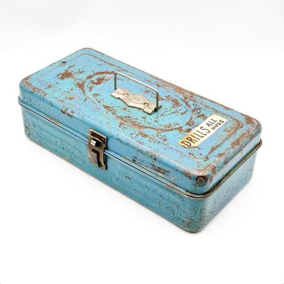 Sale Photo Thumbnail #293: Union Made Turquoise Blue Tool Box w/ Assorted Drills