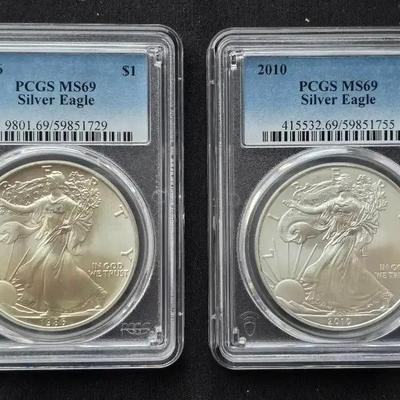1986 & 2010 PCGS 1oz Silver Eagles, both MS69