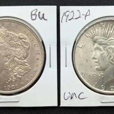 1921 Morgan & 1922 Peace Dollars BU Uncirculated