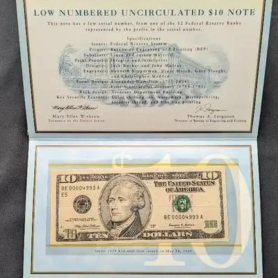 1999 $10 Low Serial Number Uncirculated Note