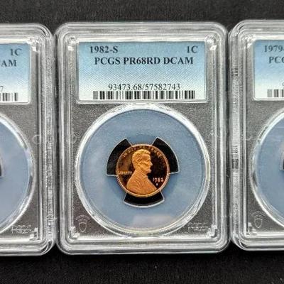 3 PCGS 1979-S, 1980-S, 1982-S Lincoln Cents PD-DCAM