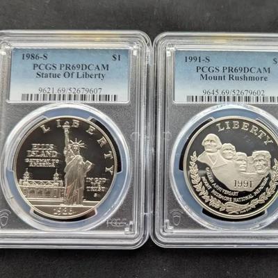 1986-S & 1991-S Silver $1 US Commemoratives Coins Liberty & Mt Rushmore