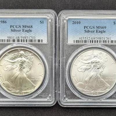 1986 & 2010 PCGS Graded 1oz Silver Eagles, MS68 & 69