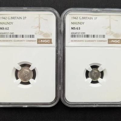 1942 Silver G.B. Maundy 1 Penny & 2 Pence, MS62 & MS63 NGC