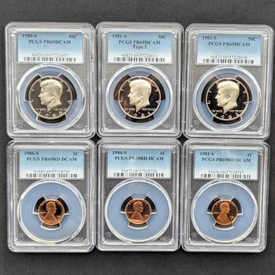 6 Kennedy Halves: 1983-S, 1984-S, 1986-S 1 Cent PR-69 DCAM & 1980, 1981, 1982-S (PCGS Graded)