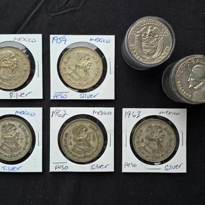 5 Silver Mexico Peso Coins & 39 Panama 1/2 Balboas (Clad)