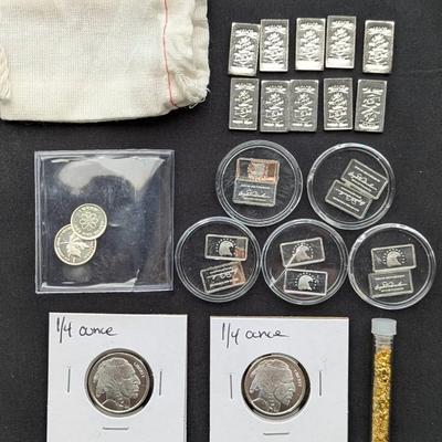 .999 Silver Bars & Coins, Gold Flake Vial