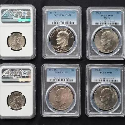 6 PCGS Graded Eisenhower Dollars, 4 NGC Graded Susan B. Anthony Dollars
