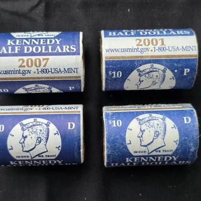 4 Original Mint Wrapped Uncirculated Kennedy Half Rolls, 2007 P/D 2001 P/D