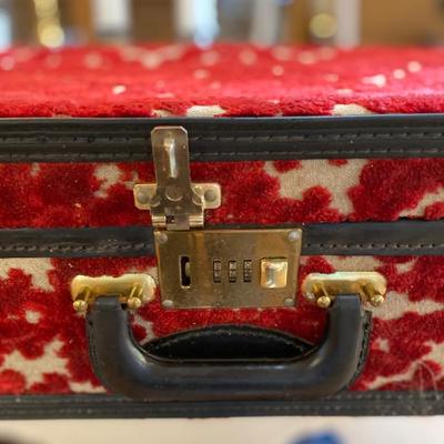 Sale Photo Thumbnail #88: Rare find! vintage 1950s ladies suitcase. Red velvet burn-out with contrasting black piping, lined with ivory satin, and crossgrain ribbons. 