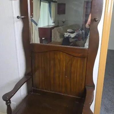 Vintage Coat Rack With Mirror And Bench
