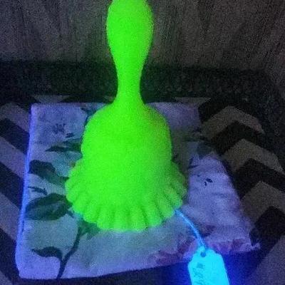 Fenton Uranium Glass Bell, Cobalt Blue Candy Dish & Silver Spoons