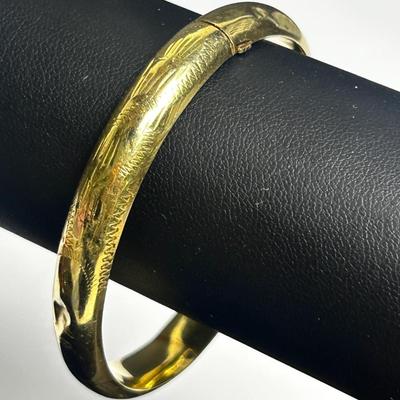 14k Gold Etched Bangle Bracelet - 2.25” W 