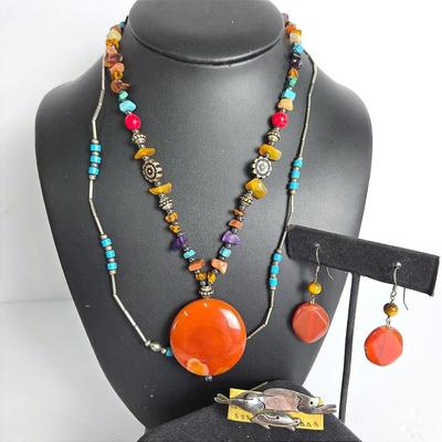 Semi-Precious Stone Necklace With Carnelian Pendant, Carnelian Earrings, More Boho Jewelry