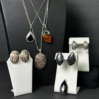 Sterling Silver with Amber & Stone Pendants, Necklaces & Earrings