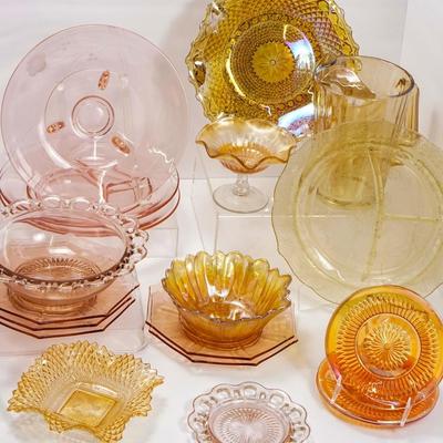 Vintage Depression & Carnival Glass: Pitcher, Bowls, Plates