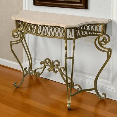 Hollywood Regency Style Pink Marble Top Gold Painted Wrought Iron Hall Table  