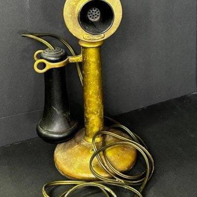 Antique Brass Candlestick Phone Converted To Lamp - 24”h