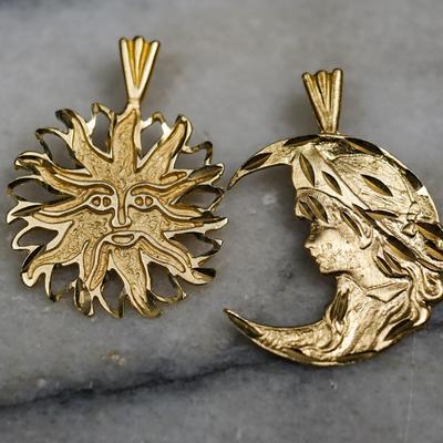 14K Gold Sun & Moon Pendants - 1" Long