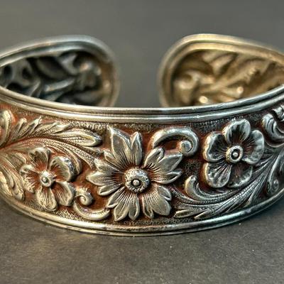 Kirk Stieff Sterling Silver Floral Repousse Cuff Bracelet- 2.5" W