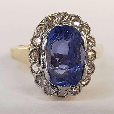14K Gold Sapphire with Diamond Halo Ring - Size 4.75