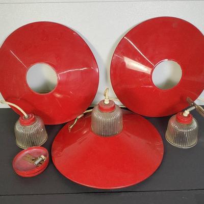 Vintage Red Metal & Glass UFO Pendant Lamps - 19” Diameter