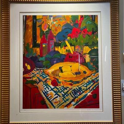 Manel Anoro Signed & Numbered Still Life with Fruit Serigraph Print - Gold Framed - 37x37" 