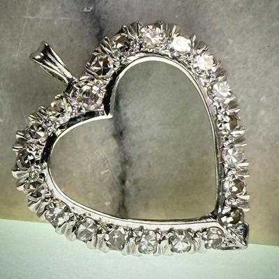 14K White Gold Diamond Heart Pendant - 1" Long
