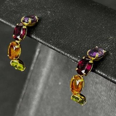 14K Gold Multi-Color Gemstone Half Hoop Earrings - 3/4" Long