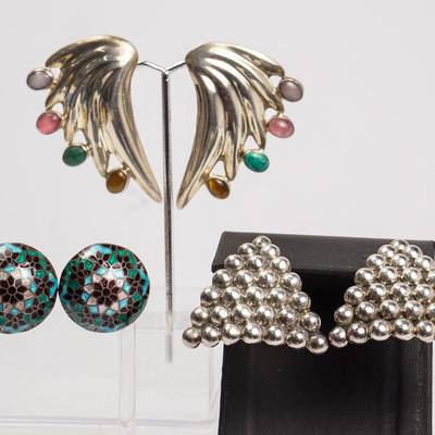 Sterling Silver Cloisonne & Sculptural Clip Earrings Including Stone Accented