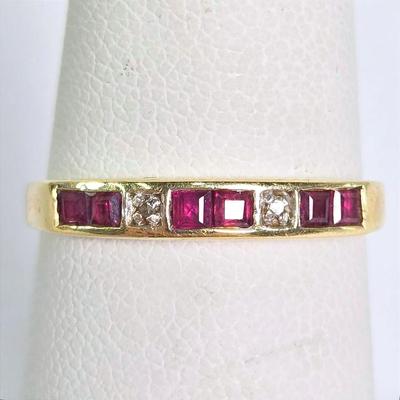 10K Gold Ruby & Diamond Channel Set Ring  - Size 5.5