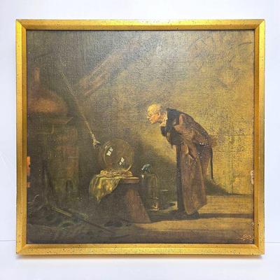 After Carl Spitzweg “The Alchemist” Enhanced Print On Canvas - Framed 16x17”