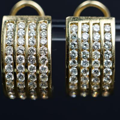 14K Gold Channel Set Diamond Half-Hoop Earrings With Omega Backs - 3 CTW, 1" Long