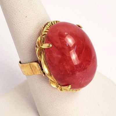 18K Gold Glass Filled Ruby Cabochon Cocktail Ring - Size 7.5