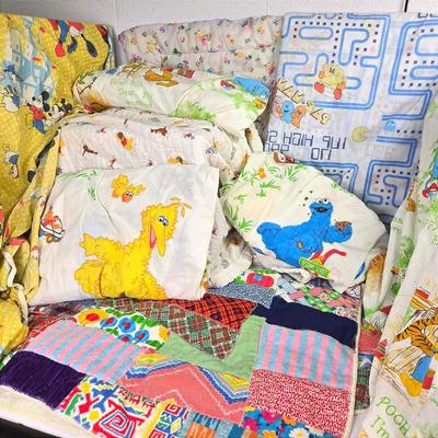 Vintage Kids Bedding: Patchwork Quilt, Pac Man, Winne the Pooh, Sesame Street